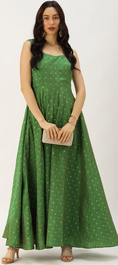 Festive, Reception, Wedding Green color Gown in Polyester Silk fabric with Weaving work : 1906150