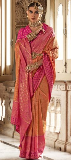 Orange, Pink and Majenta color Saree in Viscose fabric with Weaving, Zari work