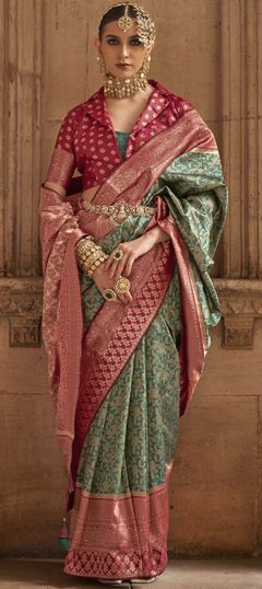 Green, Red and Maroon color Saree in Viscose fabric with Weaving, Zari work