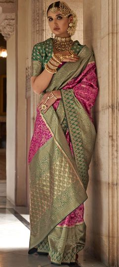 Green, Pink and Majenta color Saree in Viscose fabric with Weaving, Zari work