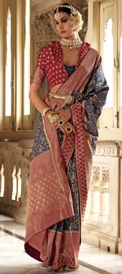 Blue, Red and Maroon color Saree in Viscose fabric with Weaving, Zari work