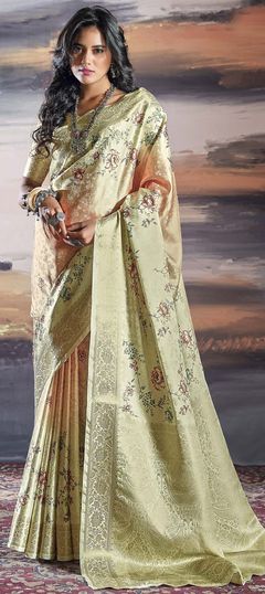 Beige and Brown, Orange color Saree in Satin Silk, Silk fabric with Floral, Printed, Weaving work