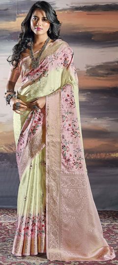 Beige and Brown, Pink and Majenta color Saree in Satin Silk, Silk fabric with Floral, Printed, Weaving work