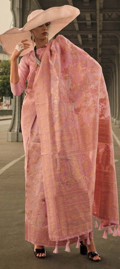 Pink and Majenta color Saree in Organza Silk, Silk fabric with Printed, Weaving work