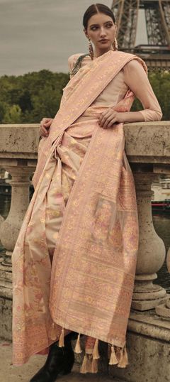 Beige and Brown color Saree in Organza Silk, Silk fabric with Printed, Weaving work