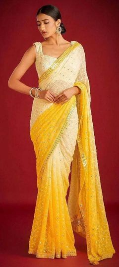 White and Off White, Yellow color Saree in Georgette fabric with Embroidered, Sequence, Thread work