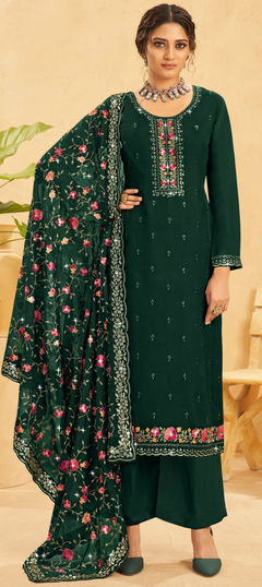 Green color Salwar Kameez in Organza Silk fabric with Embroidered, Resham, Sequence, Thread work