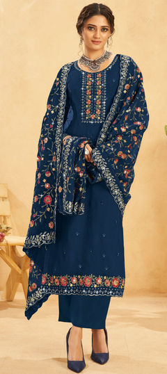 Blue color Salwar Kameez in Organza Silk fabric with Embroidered, Resham, Sequence, Thread work