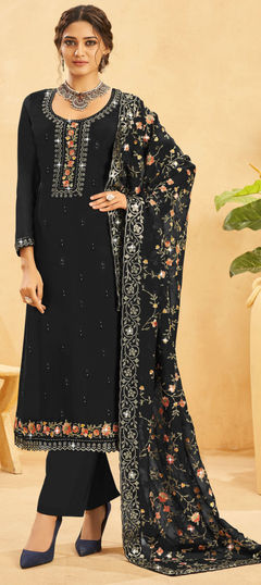 Black and Grey color Salwar Kameez in Organza Silk fabric with Embroidered, Resham, Sequence, Thread work