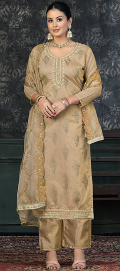 Beige and Brown color Salwar Kameez in Organza Silk fabric with Bugle Beads, Cut Dana, Printed, Sequence work