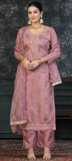 Pink and Majenta color Salwar Kameez in Organza Silk fabric with Bugle Beads, Cut Dana, Printed, Sequence work