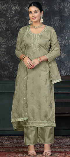 Green color Salwar Kameez in Organza Silk fabric with Bugle Beads, Cut Dana, Printed, Sequence work