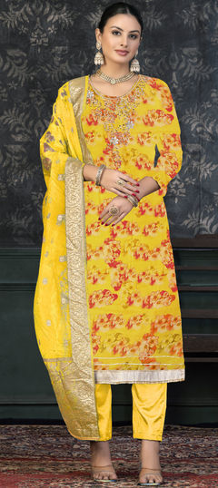 Yellow color Salwar Kameez in Organza Silk fabric with Bugle Beads, Cut Dana, Floral, Lace, Printed work