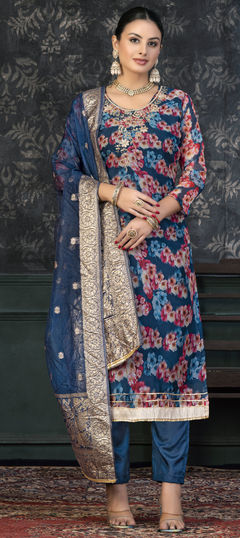 Blue color Salwar Kameez in Organza Silk fabric with Bugle Beads, Cut Dana, Floral, Lace, Printed work