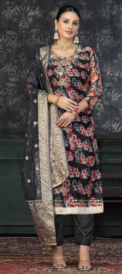 Black and Grey color Salwar Kameez in Organza Silk fabric with Bugle Beads, Cut Dana, Floral, Lace, Printed work
