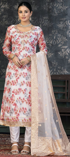 Black and Grey color Salwar Kameez in Organza Silk fabric with Bugle Beads, Cut Dana, Floral, Lace, Printed work