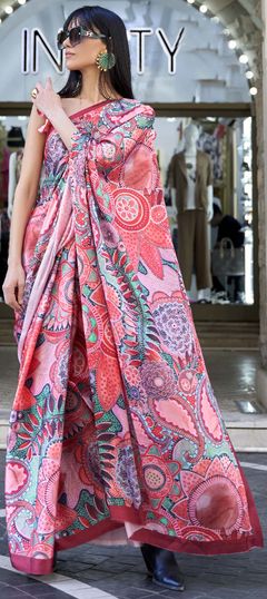 Pink and Majenta color Saree in Satin Silk fabric with Digital Print work