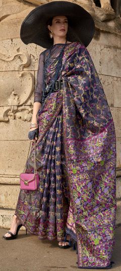 Black and Grey color Saree in Organza Silk, Silk fabric with Printed work