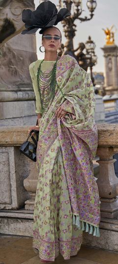 Green color Saree in Organza Silk, Silk fabric with Printed work