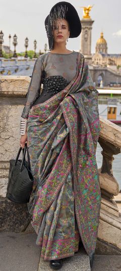 Black and Grey color Saree in Organza Silk, Silk fabric with Printed work