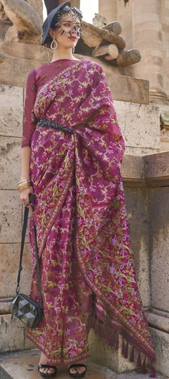 Pink and Majenta color Saree in Organza Silk, Silk fabric with Printed work