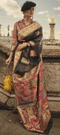 Party Wear, Traditional Black and Grey color Saree in Handloom fabric with Bengali Weaving work : 1906410