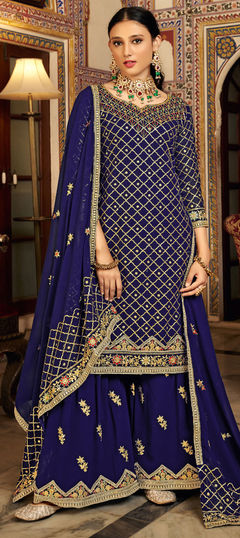 Blue color Salwar Kameez in Art Silk fabric with Sequence work