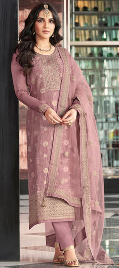 Purple and Violet color Salwar Kameez in Jacquard fabric with Embroidered, Thread, Zari work