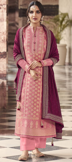Orange color Salwar Kameez in Jacquard fabric with Embroidered, Thread, Zari work