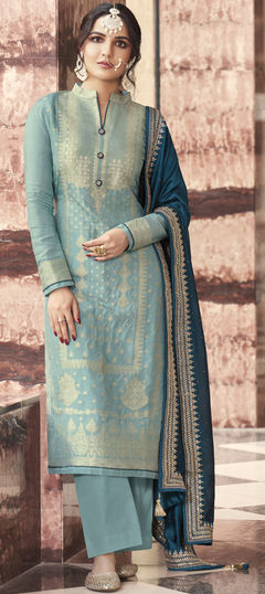 Blue color Salwar Kameez in Jacquard fabric with Embroidered, Thread, Zari work