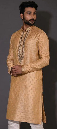 Party Wear Beige and Brown color Kurta in Poly cotton fabric with Embroidered, Sequence, Thread work : 1906490