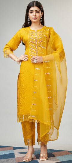 Yellow color Salwar Kameez in Viscose fabric with Embroidered, Resham, Thread work