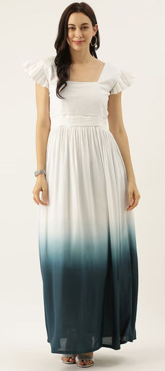 Blue, White and Off White color Gown in Georgette fabric with Thread work