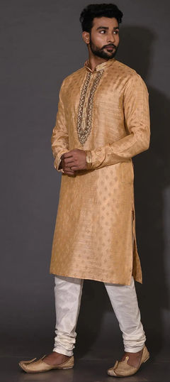 Beige and Brown color Kurta Pyjamas in Poly cotton fabric with Embroidered, Sequence, Thread work