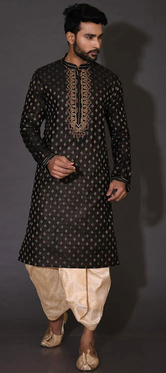 Black and Grey color Dhoti Kurta in Poly cotton fabric with Embroidered, Sequence, Thread work