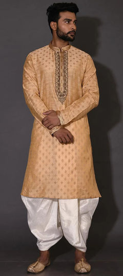 Beige and Brown color Dhoti Kurta in Poly cotton fabric with Embroidered, Sequence, Thread work