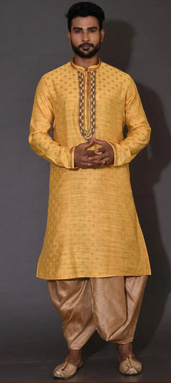 Yellow color Dhoti Kurta in Poly cotton fabric with Embroidered, Sequence, Thread work