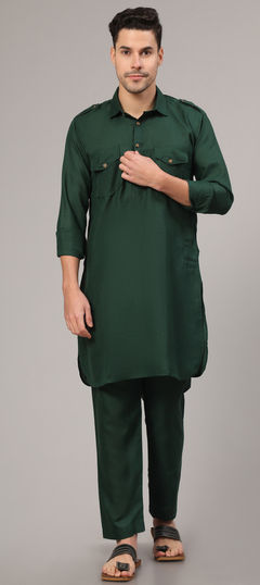 Party Wear Green color Pathani Suit in Cotton fabric with Thread work : 1906602