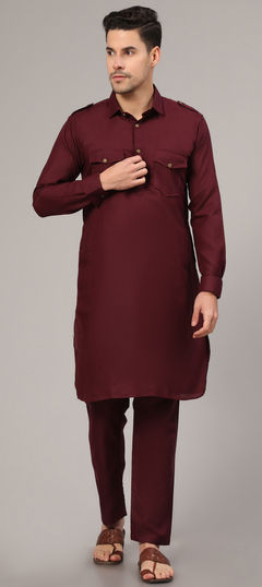 Red and Maroon color Pathani Suit in Cotton fabric with Thread work