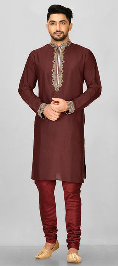 Red and Maroon color Kurta Pyjamas in Rayon fabric with Embroidered, Thread work