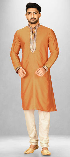 Yellow color Kurta Pyjamas in Rayon fabric with Embroidered, Thread work