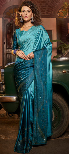 Blue color Saree in Satin Silk, Silk fabric with Swarovski work