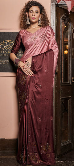 Pink and Majenta color Saree in Satin Silk, Silk fabric with Swarovski work