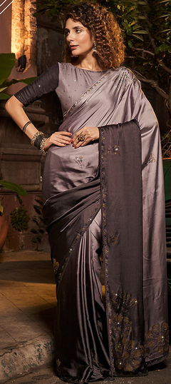 Black and Grey color Saree in Satin Silk, Silk fabric with Swarovski work