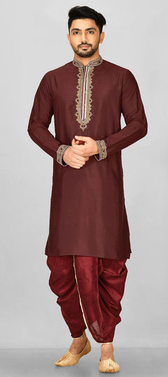 Red and Maroon color Dhoti Kurta in Rayon fabric with Embroidered, Thread work