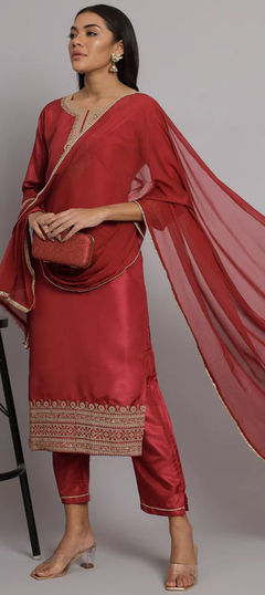 Red and Maroon color Salwar Kameez in Blended fabric with Embroidered, Sequence, Thread, Zari work