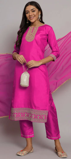 Pink and Majenta color Salwar Kameez in Blended fabric with Embroidered, Sequence, Thread, Zari work