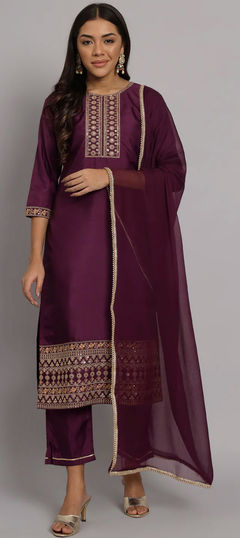 Purple and Violet color Salwar Kameez in Blended fabric with Embroidered, Sequence, Thread, Zari work