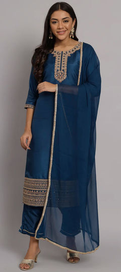 Blue color Salwar Kameez in Blended fabric with Embroidered, Sequence, Thread, Zari work