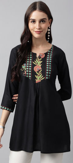 Party Wear Black and Grey color Kurti in Poly cotton fabric with A Line, Long Sleeve Foil Print work : 1906741